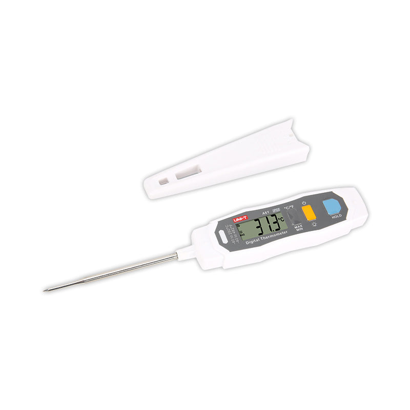 UNI-T A61 Digital Probe Thermometer – -40 to 250℃ Instant-Read, Food / Kitchen / BBQ Cooking Thermometer - with a white body, metal probe, and separate cover, showing a digital display reading 31.3°C and three control buttons.
