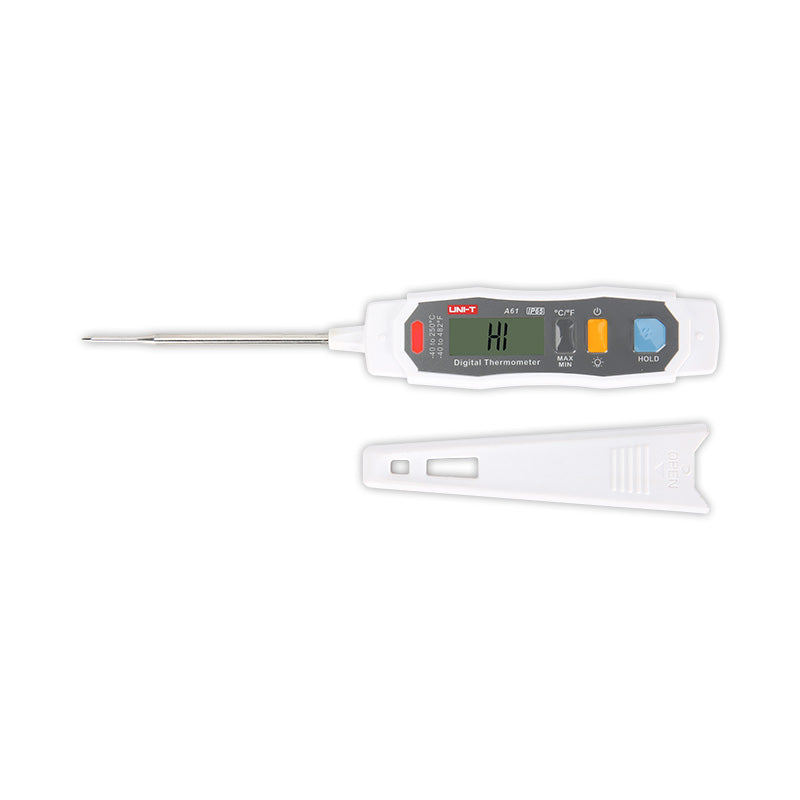 UNI-T A61 Digital Probe Thermometer – -40 to 250℃ Instant-Read, Food / Kitchen / BBQ Cooking Thermometer - with a white body, a metal probe, a screen displaying "HI," four buttons, and a separate white protective cover.