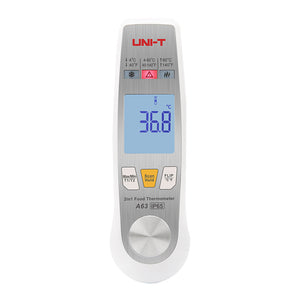 UNI-T A63 2-in-1 Food Thermometer – Infrared + Fold-Out Probe, -40 to 300℃, Laser Targeting, Kitchen / BBQ Cooking Thermometer - a white handheld device with a digital display showing 36.8°C, three control buttons, and a circular metallic base.