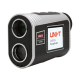 UNI-T LM1000A Laser Rangefinder – 1000 m, 6× Monocular, Golf & Hunting, Flagpole Lock, Slope / Speed / Angle, ±1 m - a silver and black monocular device with two front lenses and a side label displaying the brand and model name.