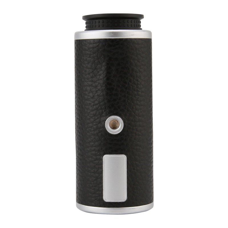 UNI-T LM1000A Laser Rangefinder – 1000 m, 6× Monocular, Golf & Hunting, Flagpole Lock, Slope / Speed / Angle, ±1 m - a black, cylindrical monocular with a silver trim, featuring a circular lens, a small button, and a rectangular panel.