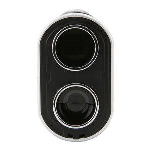 UNI-T LM1000A Laser Rangefinder – 1000 m, 6× Monocular, Golf & Hunting, Flagpole Lock, Slope / Speed / Angle, ±1 m - a close-up view of the front face featuring two circular lenses set within a black and silver oval-shaped housing.