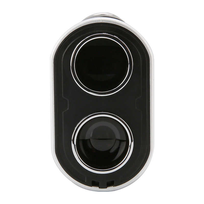 UNI-T LM1000A Laser Rangefinder – 1000 m, 6× Monocular, Golf & Hunting, Flagpole Lock, Slope / Speed / Angle, ±1 m - a close-up view of the front face featuring two circular lenses set within a black and silver oval-shaped housing.