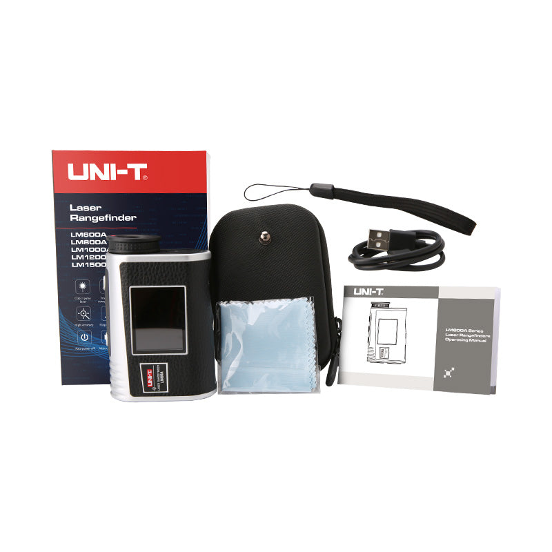 UNI-T LM1000A Laser Rangefinder – 1000 m, 6× Monocular, Golf & Hunting, Flagpole Lock, Slope / Speed / Angle, ±1 m - shown with its retail box, black carrying case, USB charging cable, cleaning cloth, and operating manual.