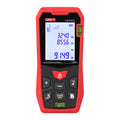 UNI-T LM100A Laser Distance Meter – 100 m, ±2 mm, Area / Volume / Pythagorean, 99 Memory, 2.0" LCD, Bubble Level, Laser Measure Tape - a digital display with measurements, a keypad, and two integrated bubble levels on a white background.