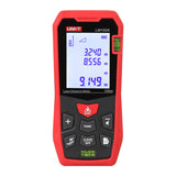 UNI-T LM100A Laser Distance Meter – 100 m, ±2 mm, Area / Volume / Pythagorean, 99 Memory, 2.0" LCD, Bubble Level, Laser Measure Tape - a digital display with measurements, a keypad, and two integrated bubble levels on a white background.