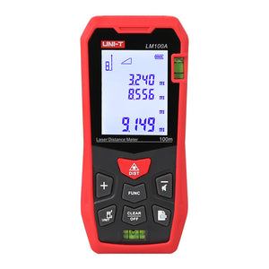 UNI-T LM100A Laser Distance Meter – 100 m, ±2 mm, Area / Volume / Pythagorean, 99 Memory, 2.0" LCD, Bubble Level, Laser Measure Tape - a digital display with measurements, a keypad, and two integrated bubble levels on a white background.