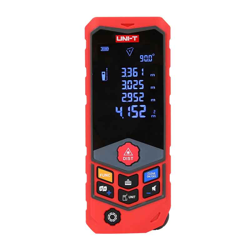 UNI-T LM100D Laser Distance Meter – 100 m, ±(2 mm+5×10⁻⁵·D), Area / Volume / Pythagoras, Curvature & Trapezoid, 2.4" EBTN Backlit Display, Line-Laser Marking - a red handheld device with a black screen showing measurements, a large red DIST button, and several control buttons.