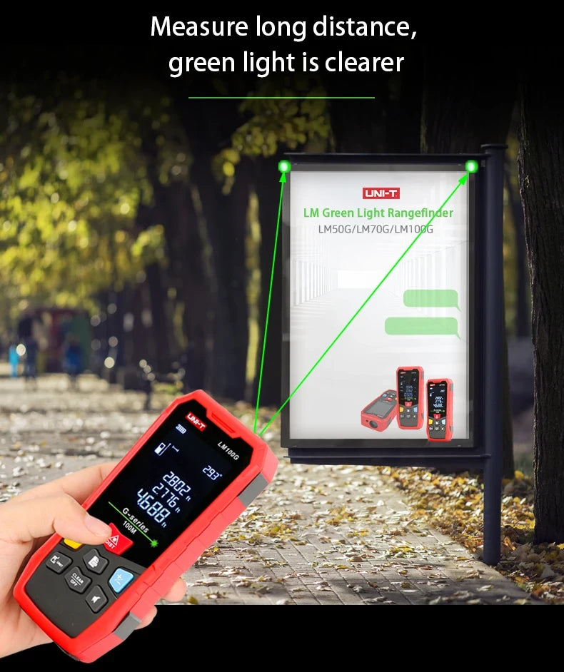 UNI-T LM100G Green Laser Distance Meter – 100 m, ±(2 mm+5×10⁻⁵·D), 515 nm Green Beam, Area / Volume / Pythagoras, Angle Sensor, 2.4" EBTN Display, Rechargeable - a red casing, buttons, and a screen displaying measurements, projecting a green laser beam.