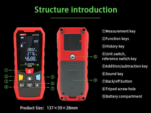 UNI-T LM100G Green Laser Distance Meter – 100 m, ±(2 mm+5×10⁻⁵·D), 515 nm Green Beam, Area / Volume / Pythagoras, Angle Sensor, 2.4" EBTN Display, Rechargeable - the front and back of the red laser distance meter, its buttons, tripod screw hole, battery compartment, and dimensions.