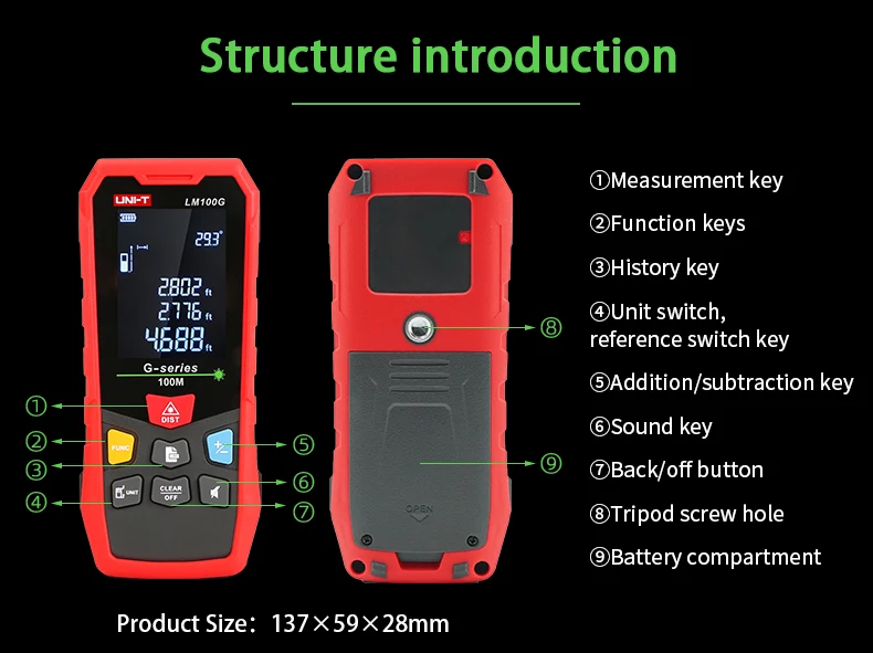 UNI-T LM100G Green Laser Distance Meter – 100 m, ±(2 mm+5×10⁻⁵·D), 515 nm Green Beam, Area / Volume / Pythagoras, Angle Sensor, 2.4" EBTN Display, Rechargeable - the front and back of the red laser distance meter, its buttons, tripod screw hole, battery compartment, and dimensions.