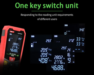 UNI-T LM100G Green Laser Distance Meter – 100 m, ±(2 mm+5×10⁻⁵·D), 515 nm Green Beam, Area / Volume / Pythagoras, Angle Sensor, 2.4" EBTN Display, Rechargeable - the device and multiple screen display modes for different measurement units and angles.