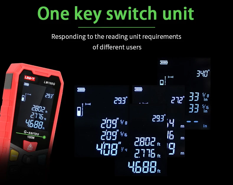 UNI-T LM100G Green Laser Distance Meter – 100 m, ±(2 mm+5×10⁻⁵·D), 515 nm Green Beam, Area / Volume / Pythagoras, Angle Sensor, 2.4" EBTN Display, Rechargeable - the device and multiple screen display modes for different measurement units and angles.