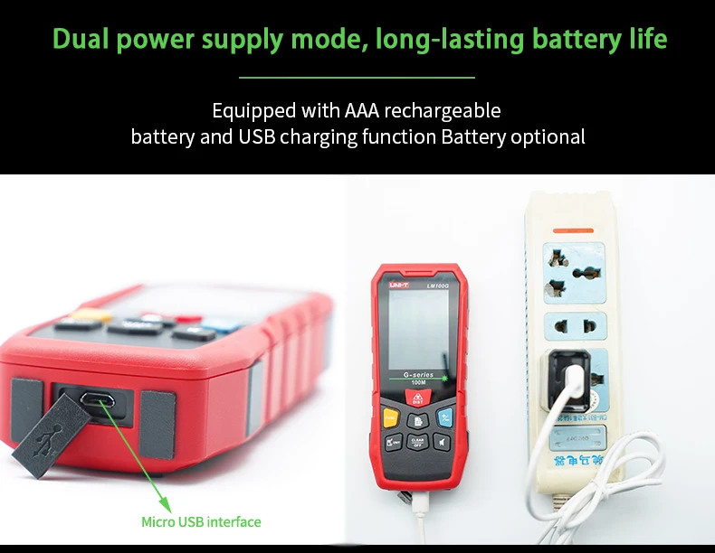 UNI-T LM100G Green Laser Distance Meter – 100 m, ±(2 mm+5×10⁻⁵·D), 515 nm Green Beam, Area / Volume / Pythagoras, Angle Sensor, 2.4" EBTN Display, Rechargeable - the Micro USB charging port, the device display, and the unit connected to a power strip via a USB cable.