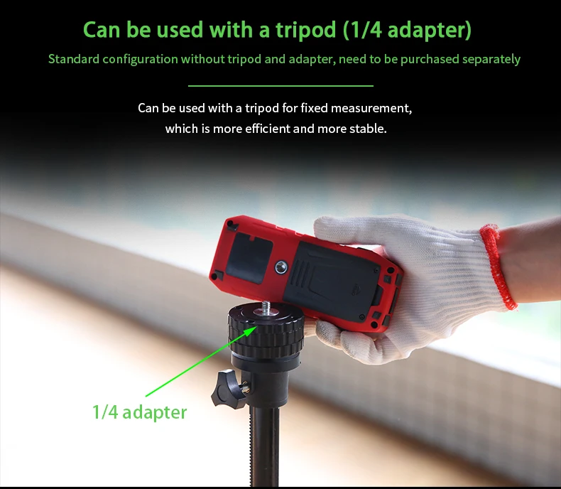 UNI-T LM100G Green Laser Distance Meter – 100 m, ±(2 mm+5×10⁻⁵·D), 515 nm Green Beam, Area / Volume / Pythagoras, Angle Sensor, 2.4" EBTN Display, Rechargeable - in red and black being held by a gloved hand and positioned above a tripod with a 1/4 inch adapter.
