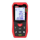 UNI-T LM120A Laser Distance Meter – 120 m, ±2 mm, Area / Volume / Pythagorean, 99 Memory, 2.0" LCD, Bubble Level, Laser Measure Tape - a digital screen with measurements, a bubble level, and control buttons on the front.