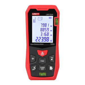 UNI-T LM120A Laser Distance Meter – 120 m, ±2 mm, Area / Volume / Pythagorean, 99 Memory, 2.0" LCD, Bubble Level, Laser Measure Tape - a digital screen with measurements, a bubble level, and control buttons on the front.