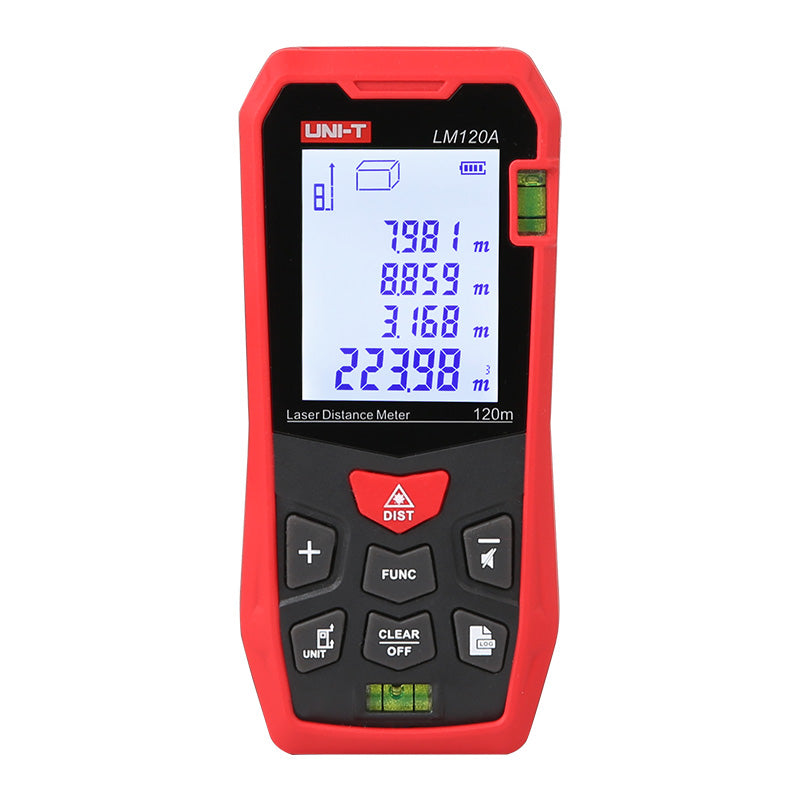 UNI-T LM120A Laser Distance Meter – 120 m, ±2 mm, Area / Volume / Pythagorean, 99 Memory, 2.0" LCD, Bubble Level, Laser Measure Tape - a digital screen with measurements, a bubble level, and control buttons on the front.