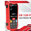 UNI-T LM120PRO Laser Distance Meter – 120 m, ±2 mm, Area / Volume / Pythagoras, Auto-Levelling, 2.4" EBTN Display, USB Rechargeable, Tripod Mount - a red handheld device with a black screen showing 13.321 m, control buttons, and text on a white background.
