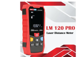 UNI-T LM120PRO Laser Distance Meter – 120 m, ±2 mm, Area / Volume / Pythagoras, Auto-Levelling, 2.4" EBTN Display, USB Rechargeable, Tripod Mount - a red handheld device with a black screen showing 13.321 m, control buttons, and text on a white background.