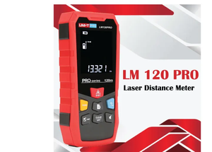 UNI-T LM120PRO Laser Distance Meter – 120 m, ±2 mm, Area / Volume / Pythagoras, Auto-Levelling, 2.4" EBTN Display, USB Rechargeable, Tripod Mount - a red handheld device with a black screen showing 13.321 m, control buttons, and text on a white background.