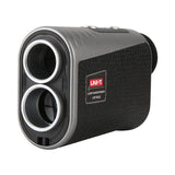 UNI-T LM1500G Laser Rangefinder – 1500 m, 6× Monocular, Golf & Hunting, Flagpole Lock, Slope / Speed / Angle, ±1 m - shown from a front-side angle, featuring a grey and black textured body with two circular lenses and two top buttons.