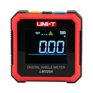 UNI-T LM320A Digital Angle Meter – 4×90° Inclinometer, ±0.2° Accuracy, 0.01° Resolution, EBTN Display, Two-Side Magnetic Base, Type-C Rechargeable Protractor - a red and black square device with a digital screen displaying 0.00 and three buttons on the top edge.