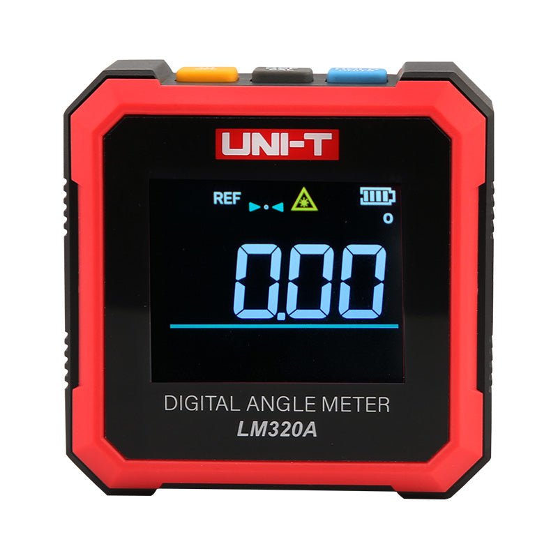 UNI-T LM320A Digital Angle Meter – 4×90° Inclinometer, ±0.2° Accuracy, 0.01° Resolution, EBTN Display, Two-Side Magnetic Base, Type-C Rechargeable Protractor - a red and black square device with a digital screen displaying 0.00 and three buttons on the top edge.