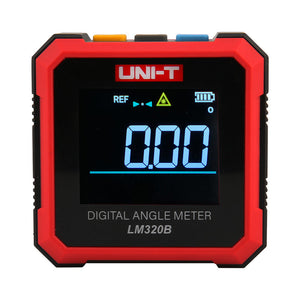 UNI-T LM320B Digital Laser Angle Meter – 4×90° Inclinometer, ±0.2° Accuracy, 0.01° Resolution, Two-Side Lasers, Four-Side Magnetic Base, EBTN Display, Type-C Rechargeable - a red and black square device with a blue digital display reading 0.00 and three buttons on the top edge.