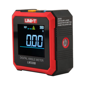 UNI-T LM320B Digital Laser Angle Meter – 4×90° Inclinometer, ±0.2° Accuracy, 0.01° Resolution, Two-Side Lasers, Four-Side Magnetic Base, EBTN Display, Type-C Rechargeable - a red and black square device with a backlit display showing 0.00, top buttons, and a circular laser aperture.