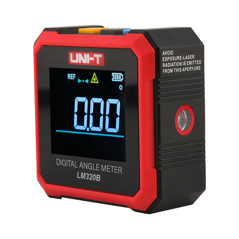 UNI-T LM320B Digital Laser Angle Meter – 4×90° Inclinometer, ±0.2° Accuracy, 0.01° Resolution, Two-Side Lasers, Four-Side Magnetic Base, EBTN Display, Type-C Rechargeable - a red and black square device with a backlit display showing 0.00, top buttons, and a circular laser aperture.