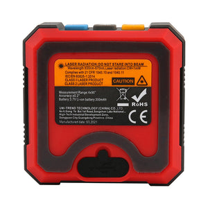 UNI-T LM320B Digital Laser Angle Meter – 4×90° Inclinometer, ±0.2° Accuracy, 0.01° Resolution, Two-Side Lasers, Four-Side Magnetic Base, EBTN Display, Type-C Rechargeable - the rear side of the red and black square device with a laser safety warning label and a USB port.