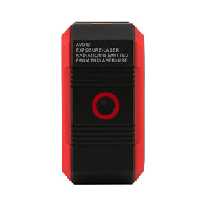 UNI-T LM320B Digital Laser Angle Meter – 4×90° Inclinometer, ±0.2° Accuracy, 0.01° Resolution, Two-Side Lasers, Four-Side Magnetic Base, EBTN Display, Type-C Rechargeable - a black and red rectangular device showing the laser aperture and a laser radiation warning label.