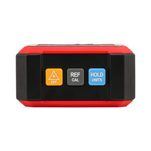 UNI-T LM320B Digital Laser Angle Meter – 4×90° Inclinometer, ±0.2° Accuracy, 0.01° Resolution, Two-Side Lasers, Four-Side Magnetic Base, EBTN Display, Type-C Rechargeable - a close-up of the red and black device front panel with three buttons labeled OFF, REF/CAL, and HOLD/UNITS.