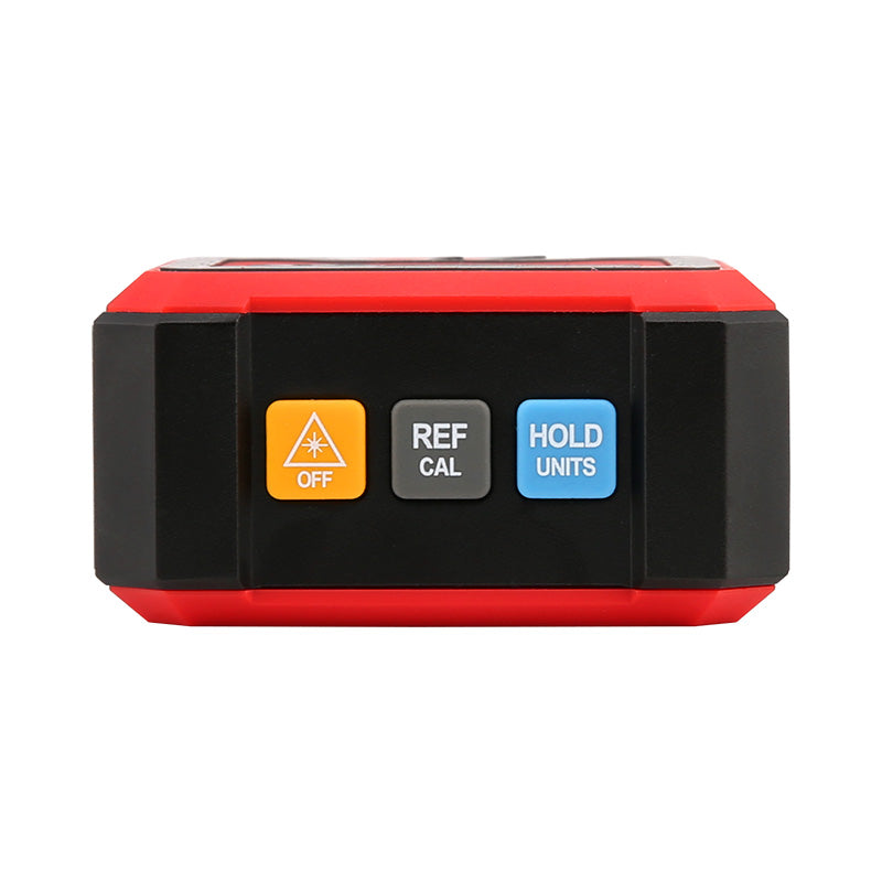 UNI-T LM320B Digital Laser Angle Meter – 4×90° Inclinometer, ±0.2° Accuracy, 0.01° Resolution, Two-Side Lasers, Four-Side Magnetic Base, EBTN Display, Type-C Rechargeable - a close-up of the red and black device front panel with three buttons labeled OFF, REF/CAL, and HOLD/UNITS.