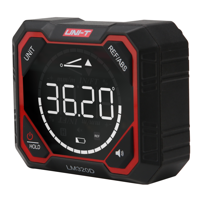 UNI-T LM320D Digital Laser Angle Meter – 4×90°, ±0.2°, 2 Laser Lines, Two-Sided Magnetic, Rechargeable - a digital display reading 36.20 degrees with buttons for unit, hold, ref/abs, and sound.