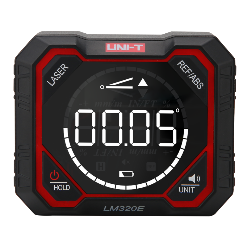 UNI-T LM320E Digital Laser Angle Meter – 4×90°, ±0.2°, 3 Laser Lines, Two-Sided Magnetic, Rechargeable - a front-facing digital display reading 00.05° with control buttons and icons.