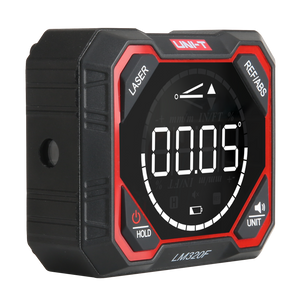 UNI-T LM320F Digital Laser Angle Meter – 4×90°, ±0.2°, 3 Laser Lines, Four-Sided Magnetic, Rechargeable - a black and red square device with a digital display showing 00.05°, laser, hold, ref/abs, and unit buttons.