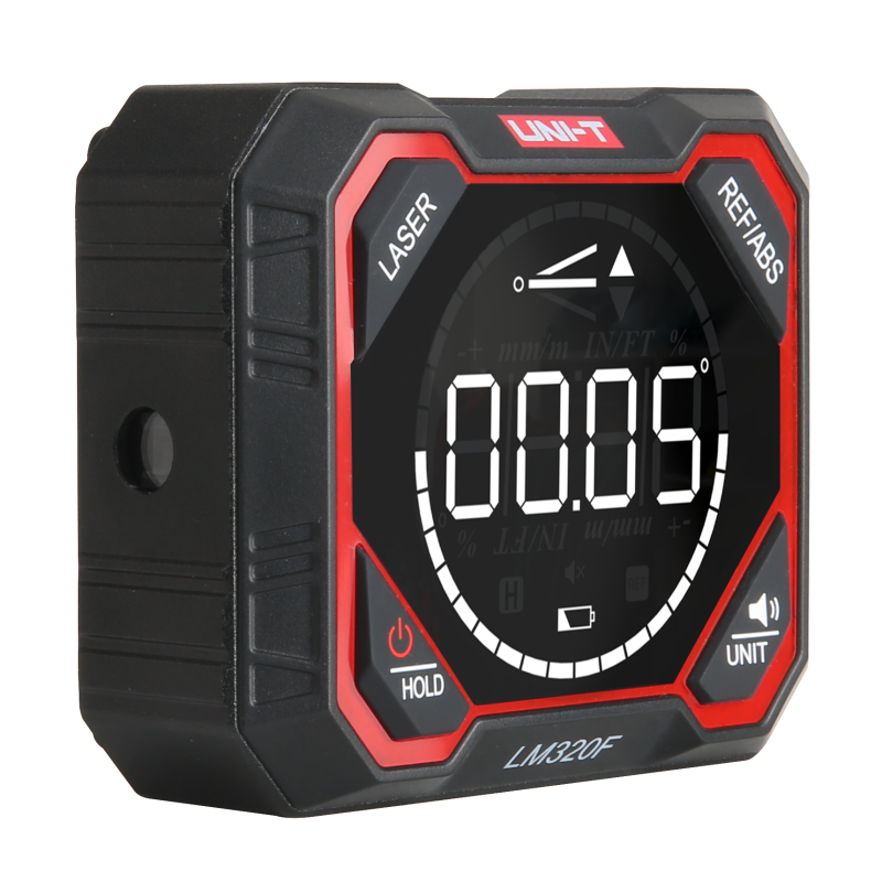 UNI-T LM320F Digital Laser Angle Meter – 4×90°, ±0.2°, 3 Laser Lines, Four-Sided Magnetic, Rechargeable - a black and red square device with a digital display showing 00.05°, laser, hold, ref/abs, and unit buttons.