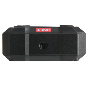 UNI-T LM320F Digital Laser Angle Meter – 4×90°, ±0.2°, 3 Laser Lines, Four-Sided Magnetic, Rechargeable - a close-up of the black, rectangular device's side profile with a central circular port and UNI-T logo.