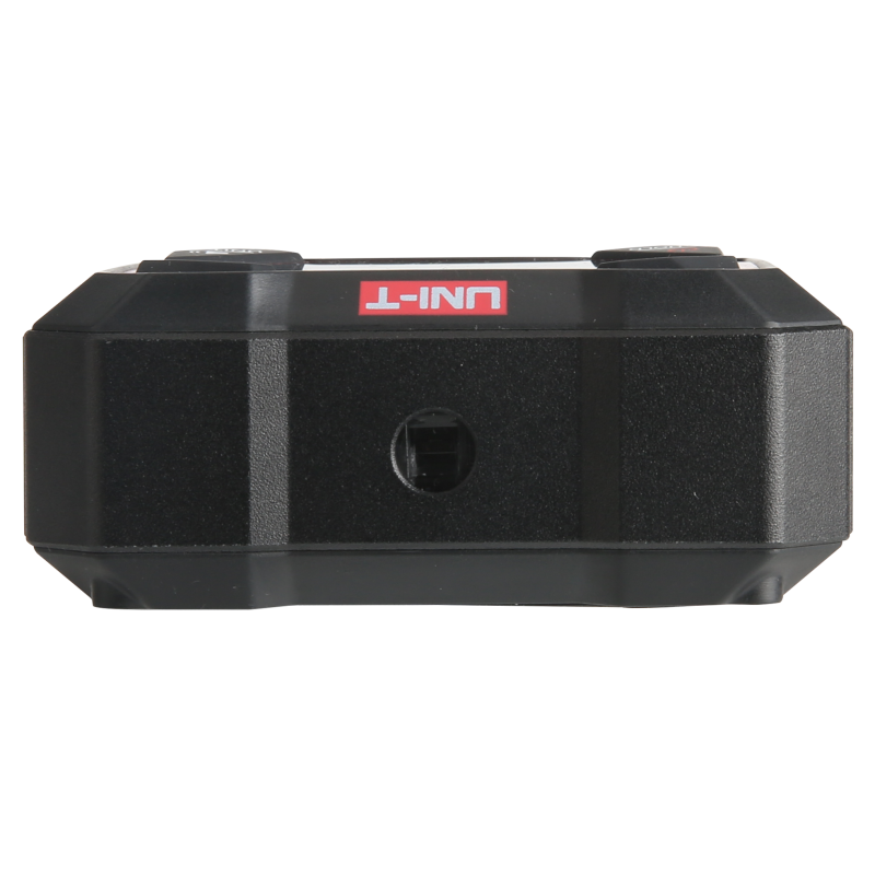 UNI-T LM320F Digital Laser Angle Meter – 4×90°, ±0.2°, 3 Laser Lines, Four-Sided Magnetic, Rechargeable - a close-up of the black, rectangular device's side profile with a central circular port and UNI-T logo.