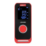 UNI-T LM40MI Mini Laser Distance Meter – 40 m, ±2 mm, Area / Volume / Pythagorean, USB-C Rechargeable, Pocket Laser Measure Tape - a digital display with measurements and a large red circular button on the front.