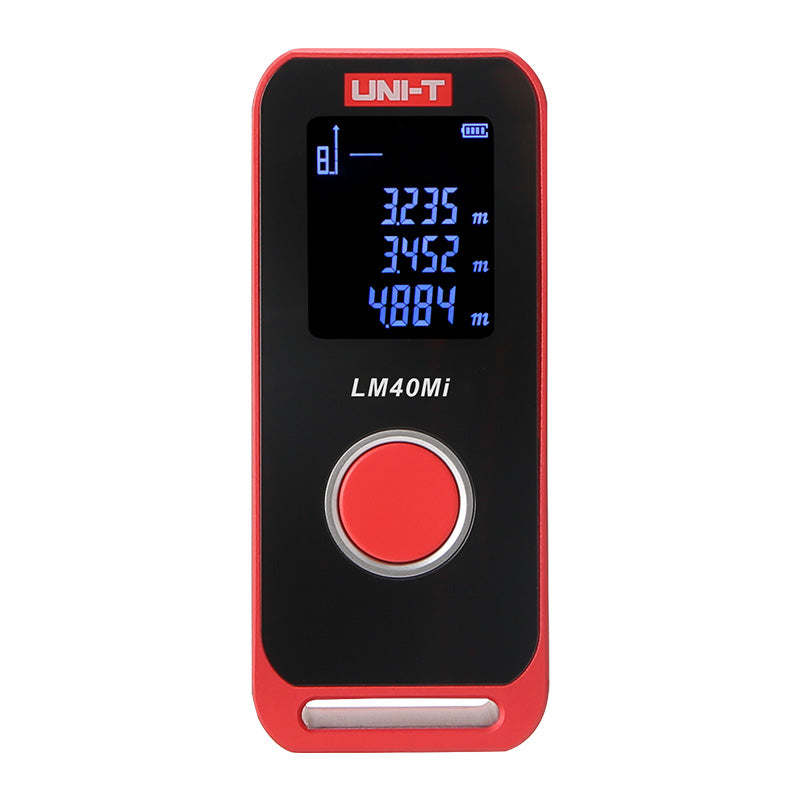 UNI-T LM40MI Mini Laser Distance Meter – 40 m, ±2 mm, Area / Volume / Pythagorean, USB-C Rechargeable, Pocket Laser Measure Tape - a digital display with measurements and a large red circular button on the front.