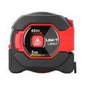 UNI-T LM40T Laser Tape Measure 2-in-1 – 40 m Laser + 5 m Steel Tape, ±2 mm, Area / Volume / Pythagorean, EBTN LCD, 20 Memory - a red and black compact tool featuring a central red button labeled DIST and markings for 40m laser and 5m tape range.