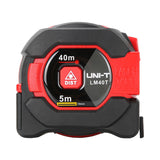 UNI-T LM40T Laser Tape Measure 2-in-1 – 40 m Laser + 5 m Steel Tape, ±2 mm, Area / Volume / Pythagorean, EBTN LCD, 20 Memory - a red and black compact tool featuring a central red button labeled DIST and markings for 40m laser and 5m tape range.