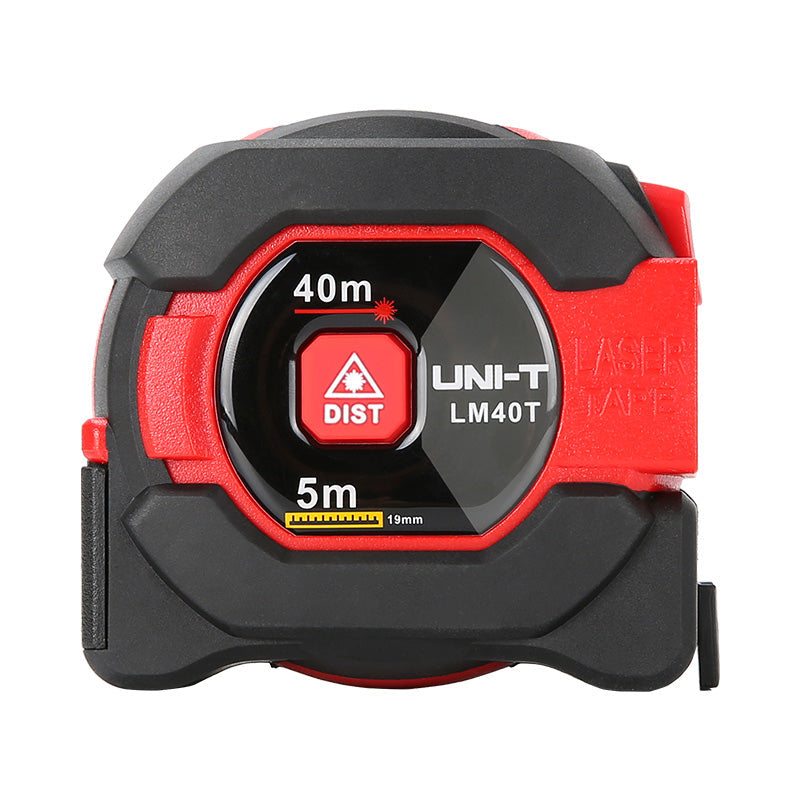 UNI-T LM40T Laser Tape Measure 2-in-1 – 40 m Laser + 5 m Steel Tape, ±2 mm, Area / Volume / Pythagorean, EBTN LCD, 20 Memory - a red and black compact tool featuring a central red button labeled DIST and markings for 40m laser and 5m tape range.