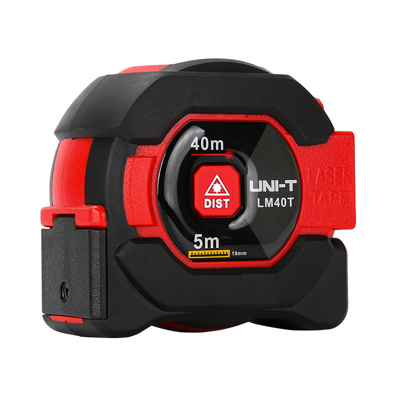 UNI-T LM40T Laser Tape Measure 2-in-1 – 40 m Laser + 5 m Steel Tape, ±2 mm, Area / Volume / Pythagorean, EBTN LCD, 20 Memory - a black and red handheld device featuring a central red button labeled DIST and markings for 40m laser and 5m tape.