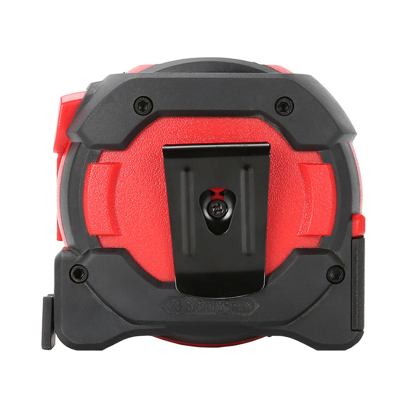 UNI-T LM40T Laser Tape Measure 2-in-1 – 40 m Laser + 5 m Steel Tape, ±2 mm, Area / Volume / Pythagorean, EBTN LCD, 20 Memory - a close-up rear view showing the red and black casing, a black metal belt clip, and four visible mounting screws.