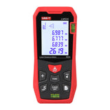 UNI-T LM50A Laser Distance Meter – 50 m, ±2 mm, Area / Volume / Pythagorean, 99 Memory, 2.0" LCD, Bubble Level, Laser Measure Tape - a front view with a digital display, control buttons, and two integrated bubble levels.