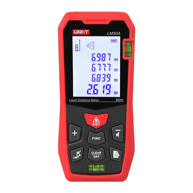 UNI-T LM50A Laser Distance Meter – 50 m, ±2 mm, Area / Volume / Pythagorean, 99 Memory, 2.0" LCD, Bubble Level, Laser Measure Tape - a front view with a digital display, control buttons, and two integrated bubble levels.